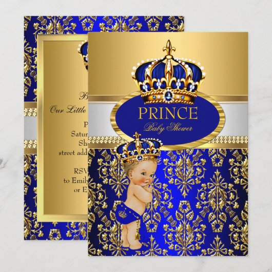 Prince Royal Blue Crown Baby Dusche Blonde Boy Einladung (Vorne/Hinten)
