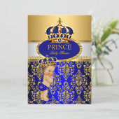 Prince Royal Blue Crown Baby Shower Brünett Boy Einladung (Stehend Vorderseite)