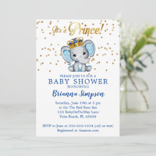 Prince Royal Blue Gold Elephant Boy Baby Dusche Einladung
