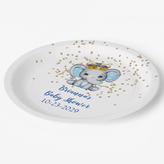 Prince Royal Blue Gold Elephant Boy Baby Shower Pa Pappteller (Schrägansicht)