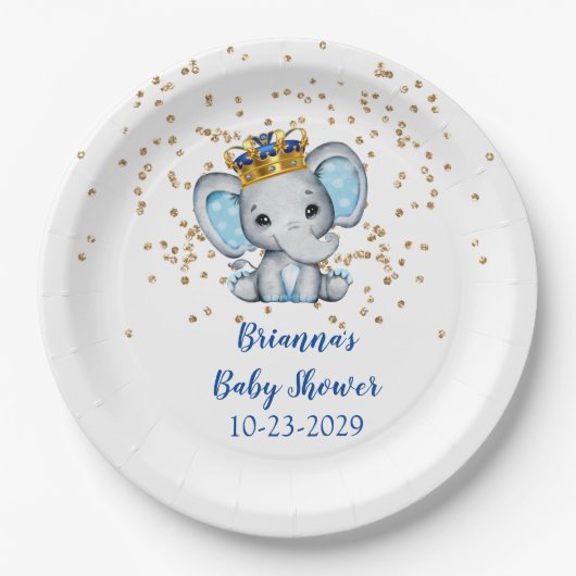 Prince Royal Blue Gold Elephant Boy Baby Shower Pa Pappteller (Vorderseite)