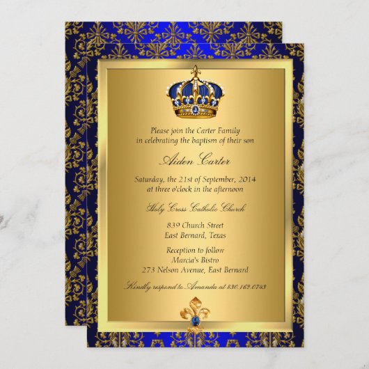 Prince Royal Blue Regal Crown Taufe Einladung (Vorne/Hinten)