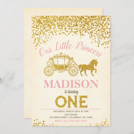 Princess 1. Geburtstag Einladung / Glitzer (Vorne/Hinten)