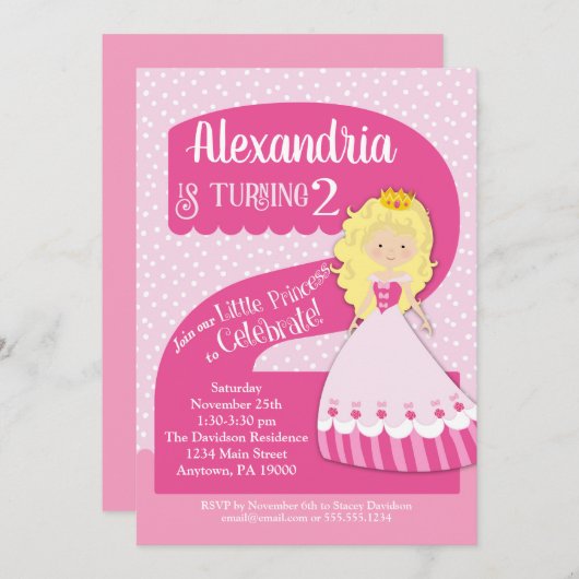 Princess 2. Geburtstag Einladung Blonde Girl (Vorne/Hinten)