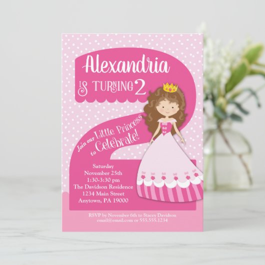 Princess 2. Geburtstag Einladung Brünettes Mädchen (Stehend Vorderseite)