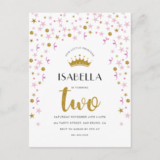 Princess 2. Geburtstag | Gold und Rosa Confetti Einladungspostkarte