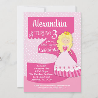 Princess 3. Geburtstag Einladung Blonde Girl