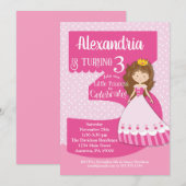 Princess 3. Geburtstagseinladung Brünette Girl Einladung (Vorne/Hinten)