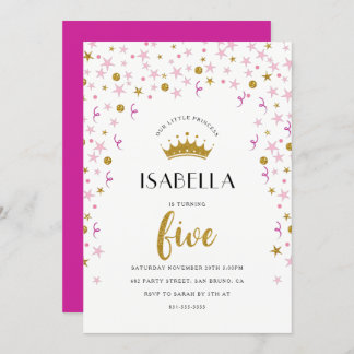 Princess 5. Geburtstag | Gold und Rosa Confetti Einladung