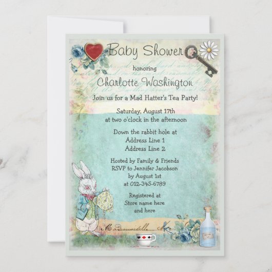 Princess Alice im Wunderland Tee Party Babydusche Einladung (Rückseite)