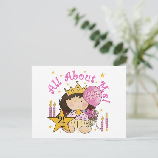 Princess All About Me 4. Birthday Tshirts Postkarte (Stehend Vorderseite)