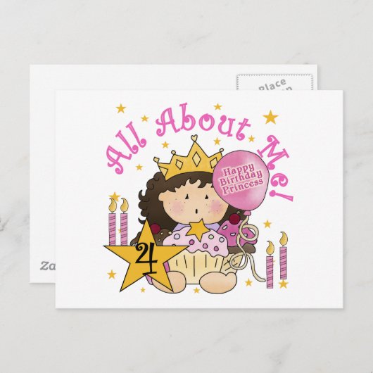 Princess All About Me 4. Birthday Tshirts Postkarte (Vorne/Hinten)