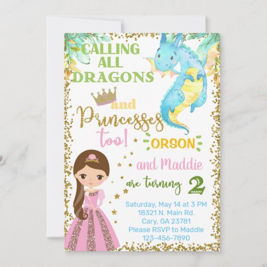 Princess and dragon siblings birthday invitation. einladung (Vorderseite)