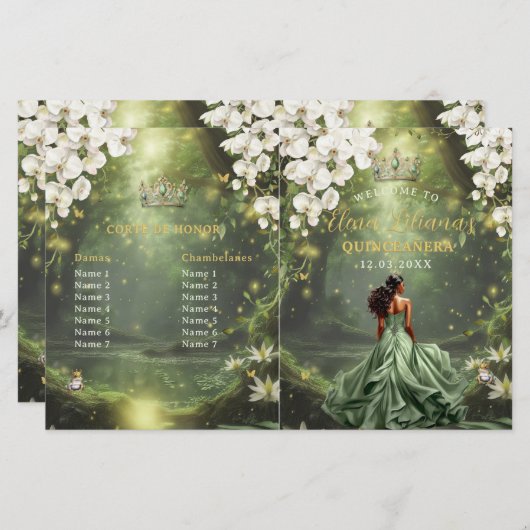 Princess and Frog Sage Green Quinceanera Program (Vorne/Hinten)