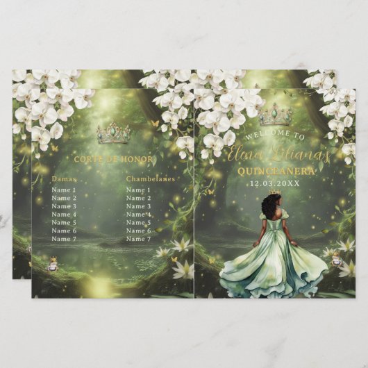 Princess and Frog Sage Green Quinceanera Program (Vorne/Hinten)