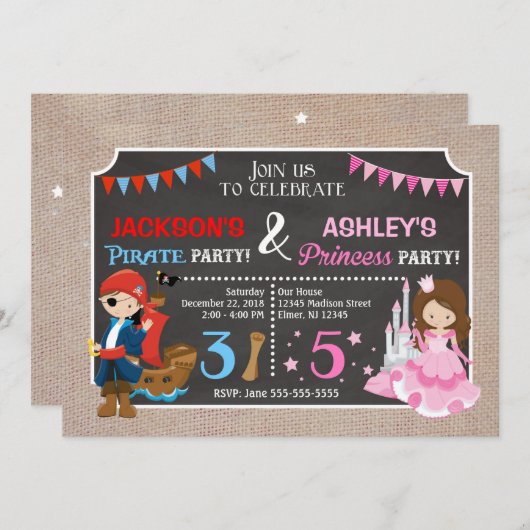 Princess and Pirate Joint BIdday Einladung (Vorne/Hinten)