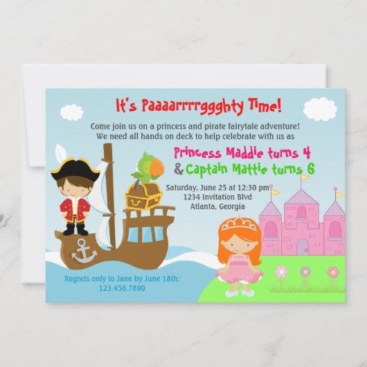 Princess and Pirate Twins Joint Birthday Party Einladung (Vorderseite)