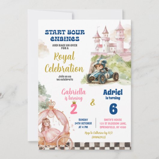 Princess and Racing Car Boy Girl Einladung (Vorderseite)