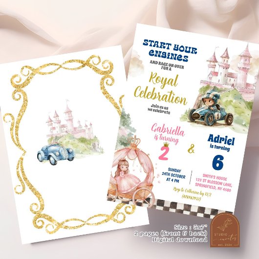 Princess and Racing Car Boy Girl Einladung