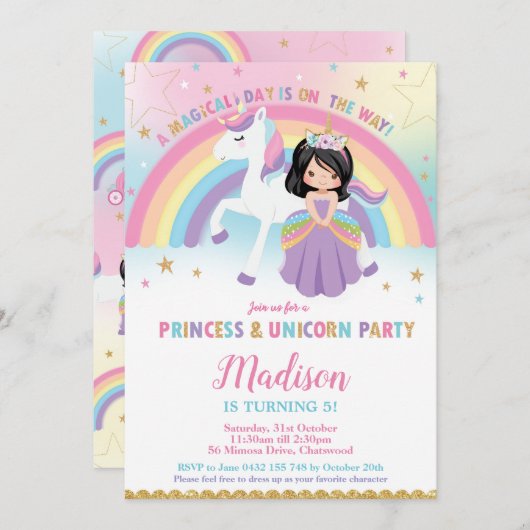 Princess and Unicorn Birthday Party Rainbow Einladung (Vorne/Hinten)