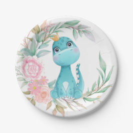 Princess Aqua Dinosaur Pink Peony Baby Dusche Pappteller