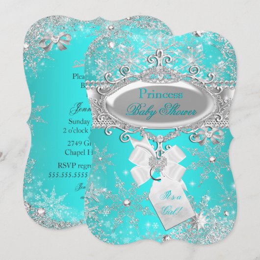 Princess Baby Dusche Aqua Blue Winter Wonderland Einladung (Vorne/Hinten)