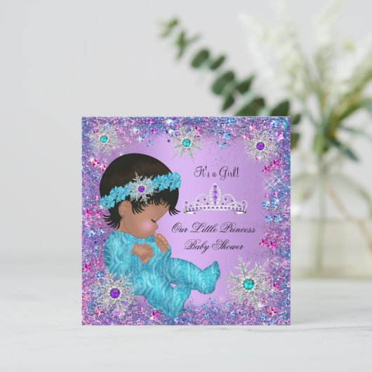 Princess Baby Dusche Aquamarin Blue Lila Pink Ethn Einladung (Stehend Vorderseite)