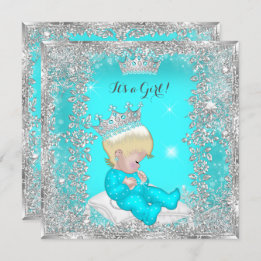 Princess Baby Dusche Aquamarin Blue Silver Blonde Einladung