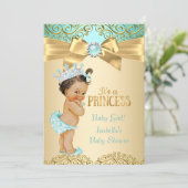 Princess Baby Dusche Aquamarin Gold Damask Einladung (Stehend Vorderseite)
