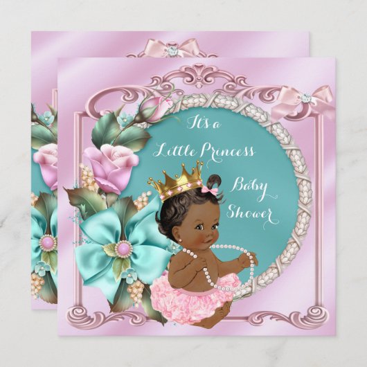 Princess Baby Dusche Aquamarin Rosa Ethnisch Einladung (Vorne/Hinten)