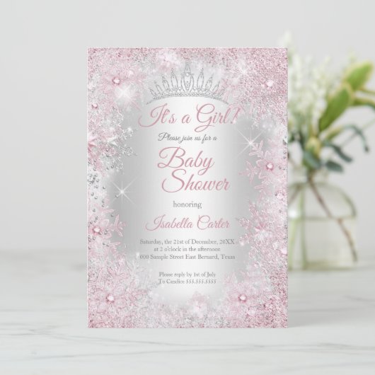 Princess Baby Dusche Blush Pink Winter Wonderland Einladung (Stehend Vorderseite)
