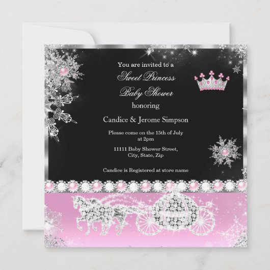 Princess Baby Dusche Carriage Pink Black Brünett Einladung (Rückseite)