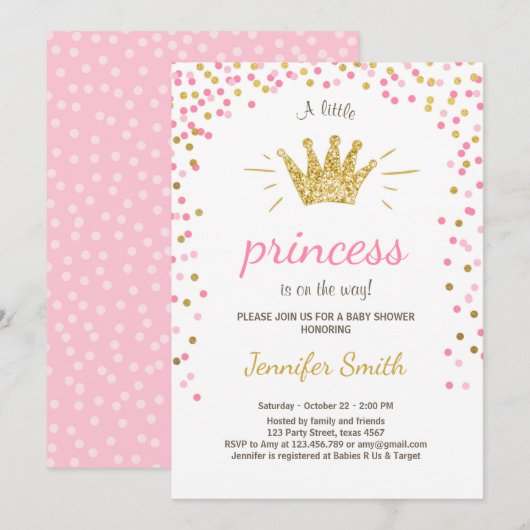 Princess Baby Dusche Einladung Pink Gold Glitzer (Vorne/Hinten)