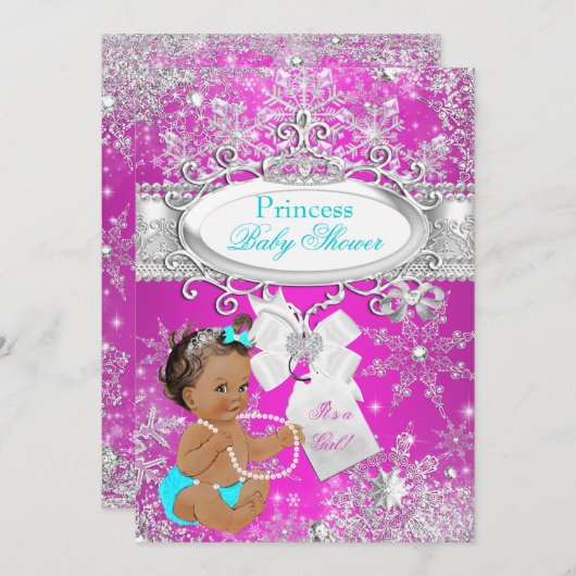 Princess Baby Dusche Hot Pink Aqua Brünett Einladung (Vorne/Hinten)