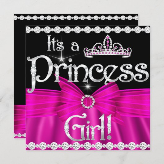 Princess Baby Dusche Hot Pink Bow Silver Tiara 2 Einladung (Vorne/Hinten)