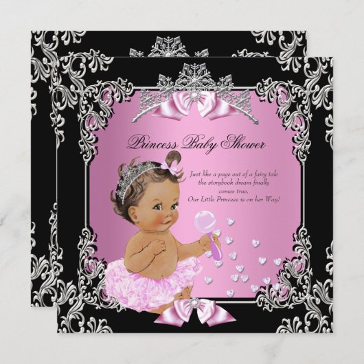 Princess Baby Dusche Pink Black Tutu Brünett Einladung (Vorne/Hinten)
