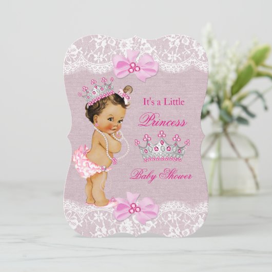 Princess Baby Dusche Pink Burlap Lace Brünett Einladung (Stehend Vorderseite)