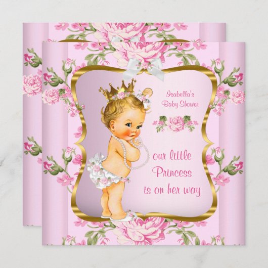 Princess Baby Dusche Pink Gold Blondine Einladung (Vorne/Hinten)