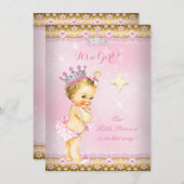Princess Baby Dusche Pink Gold Lace Tiara Blonde Einladung (Vorne/Hinten)
