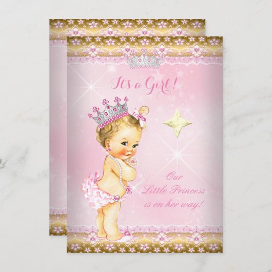 Princess Baby Dusche Pink Gold Lace Tiara Blonde Einladung (Vorne/Hinten)