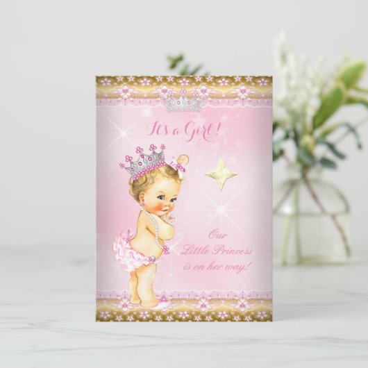 Princess Baby Dusche Pink Gold Lace Tiara Blonde Einladung (Stehend Vorderseite)
