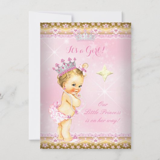 Princess Baby Dusche Pink Gold Lace Tiara Blonde Einladung (Vorderseite)