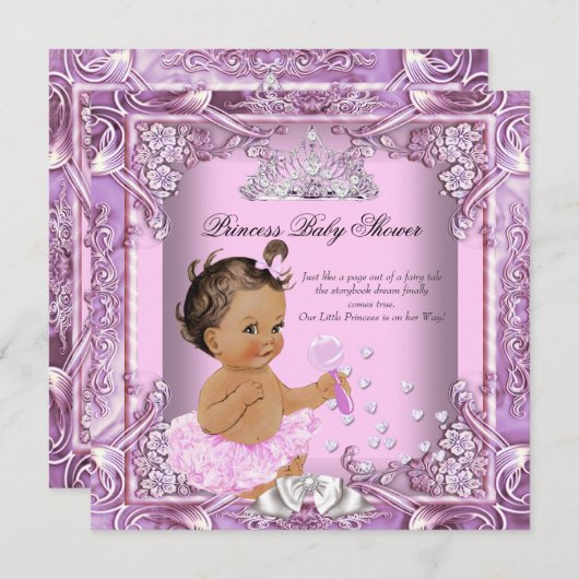 Princess Baby Dusche Pink Lila Tutu Brünett Einladung (Vorne/Hinten)