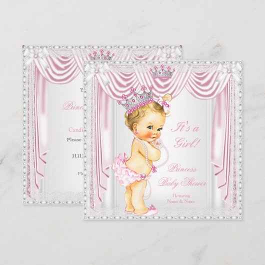 Princess Baby Dusche Pink Satin Light Skin Einladung (Vorne/Hinten)