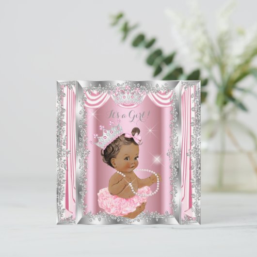 Princess Baby Dusche Pink Silver Ballerina Dark Einladung (Stehend Vorderseite)