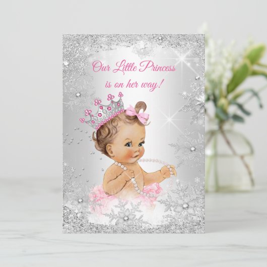 Princess Baby Dusche Pink Silver Winter Wunderland Einladung (Stehend Vorderseite)