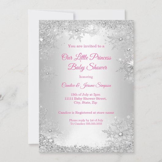 Princess Baby Dusche Pink Silver Winter Wunderland Einladung (Rückseite)