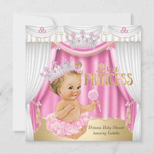 Princess Baby Dusche Pink White Gem Gold Blonde Einladung (Vorderseite)