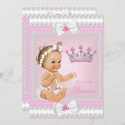 Princess Baby Dusche Pink White Pearls Bows Blonde Einladung (Vorne/Hinten)