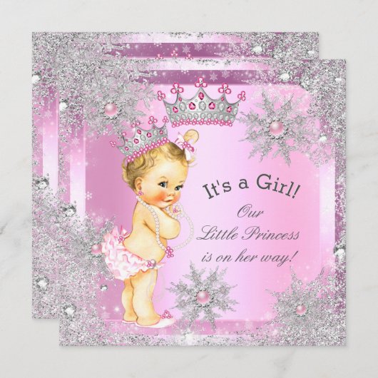 Princess Baby Dusche Pink Winter Wonderland Blonde Einladung (Vorne/Hinten)